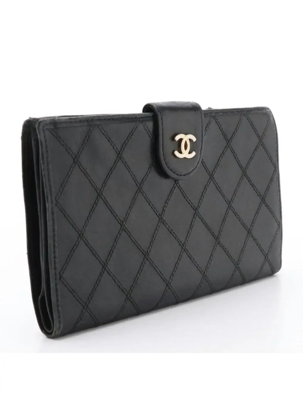 CHANEL Black Quilted Wallet Gold CC Vintage Karl Luxury Leather Large Good Fair